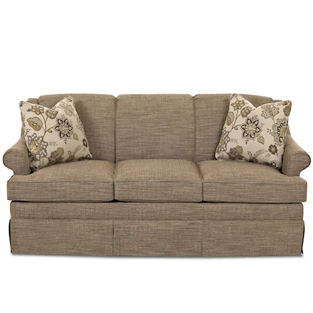 Transitional Stationary Sofa with Skirted Base and Rolled Arms